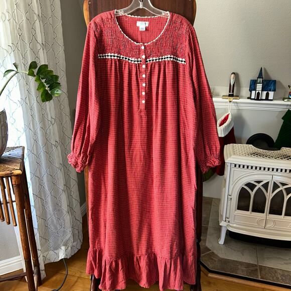 Fundamentals Nightgown Womens 2X Red Plaid Vintage Heavy Grandma Cottagecore - Picture 1 of 9